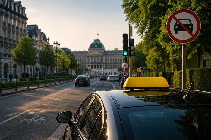 Taxi circulant librement dans la zone de basses émissions LEZ de Bruxelles en 2026
